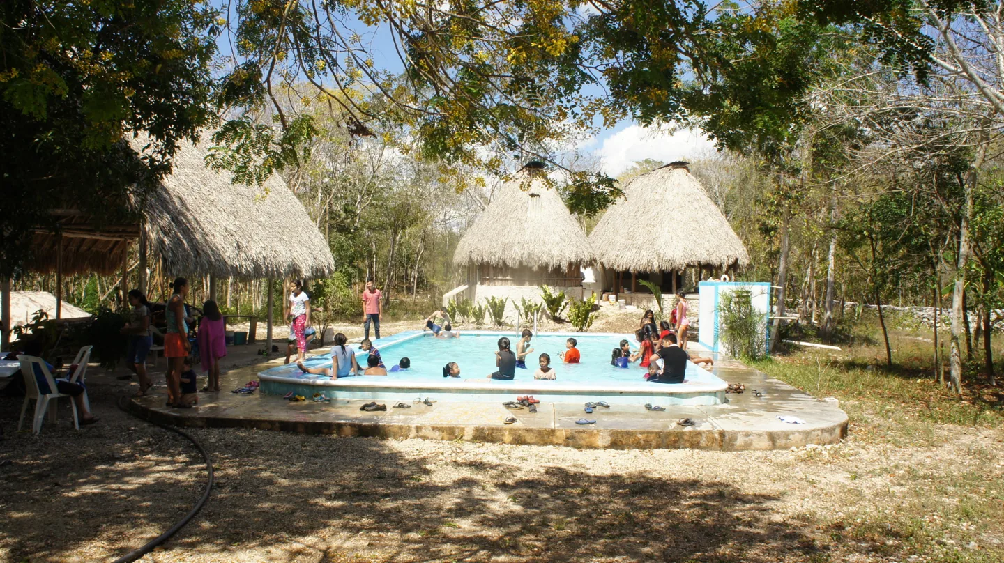 Vista del área de agua y las construcciones de techo vegetal.